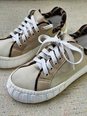 Fendi Roma Kids Shoes Sneaker Lace Up Beige Leather Upper Size 34 Made Italy